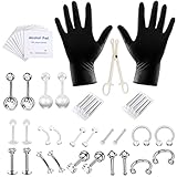Ezclassy-47PCS Professional Piercing Kit CZ Stainless Steel Belly Button Rings Tragus Cartilage Tongue Chin Eyebrow Nipple Lip Nose Ring Labret Piercing Needles Body Jewelry (Steel with Clear CZ)