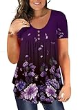 BeadChica Women's Plus Size Tunic Tops Casual Flowy Tshirts Ruched Botton Up Short Sleeve Blouses-Floral-XL Purple