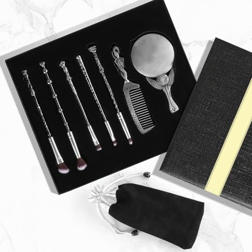 [7 PCS] Harry Makeup Brush Gift Set, With Silver Mirror, Comb, Handle Wizard Wand for Foundation Blush, Eyeshadow, Face Concealer, Eyeliner Contour, Powder Liquid Eye, Harry Gift for Girls Women