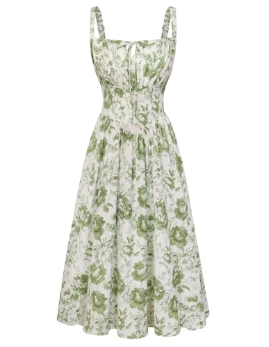 SCARLET DARKNESS Sommerkleid Damen Spaghetti Lange Boho Kleid Vintage Milkmaid Country Kleid Weiß-Grüne Linienblumen XL 1