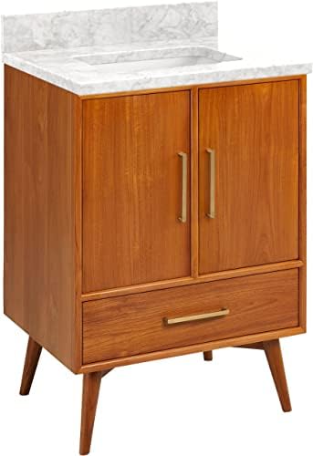 Signature Hardware 953363-24-RUMB-0 Novak 24" Freestanding Teak Single Basin Vanity Set with Cabinet, Vanity Top, and Rectangular Undermount Sink - No Faucet Holes - Teak/Carrara Marble
