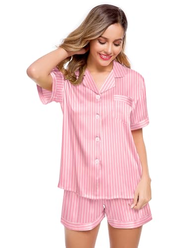 Image of LecGee Womens Silk Satin Pajamas Short Sleeve Loungewear Two-Piece Sleepwear Button-Down Pj Set