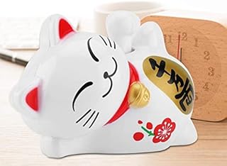 Solar Powered Maneki Neko LuckyCat Fortune Welcoming Waving Arm Paw Up Lazy Lying Wealth Fortune Cat Home Stores Car Feng Shui Decor White(02)