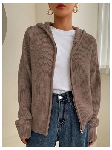 Image of SOLY HUX Zip Up Cardigan for Women Hooded Cardigan Sweater Knitted Drop Shoulder Fall Clothes Winter Hoodies Outerwear