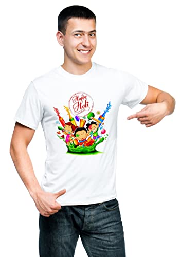 Image of Knitted Polycotton Fabric Regular Fit Men Boys Half Sleeve T-Shirt for Festival of Holi Style 18 White Size : Free