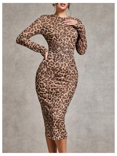 Image of GORGLITTER Women's Mesh Long Sleeve Bodycon Midi Dress Fall Cocktail Birthday Dinner Wedding Guest Going Out Dresses