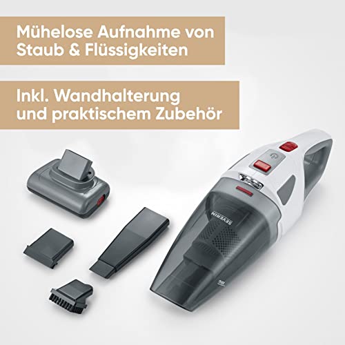 SEVERIN 4-in-1 Akku-Handstaubsauger, kabelloser Handstaubsauger für Autositze, Tierhaare und Flüssigkeiten, Akkustaubsauger mit bis zu 30 Minuten Laufzeit, weiß-grau/rot, HV 7146 – Bild 3