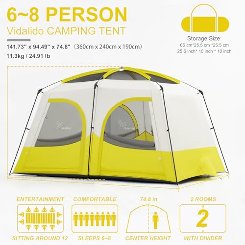 Image of Vidalido Tents,6-8 Person Camping Tent with Extended Vestibule,2 Room Weather Resistant Family Tents,Easy Install Waterproof Outdoor Tent for Backpacking and Camping Hiking