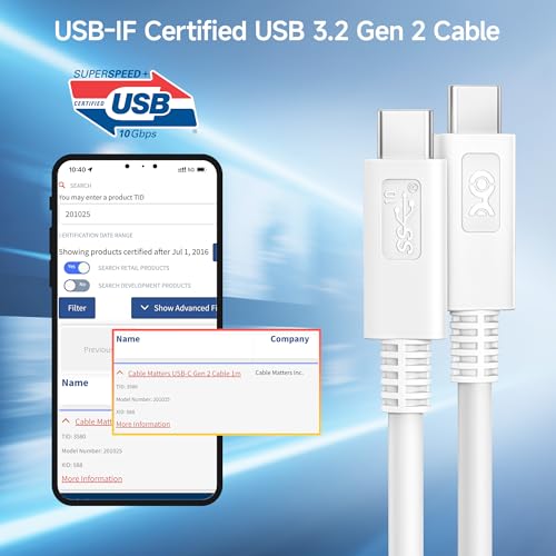 Image of Cable Matters [USB-IF Certified] 10Gbps Gen 2 USB C Cable, 3.3ft /1m, White | [4K@60Hz Video, 100W Charging, 10Gbps Data Transfer] USB C to USB C Gen 2 Cable