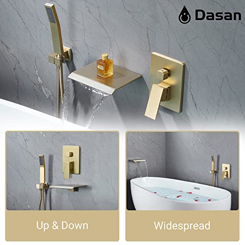 Upgraded Wall Mount Tub Filler Faucet With Handheld Shower, Dasan Modern Wall Mounted Bathtub Faucet Brushed Gold High Flow Waterfall Tub Faucet With Rough In Valve, Sa-Tf04Wh-Bg #TOP2