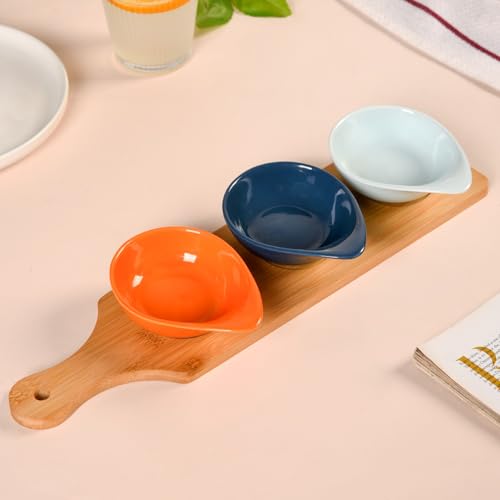 Image of Nestasia Ceramic Snack Bowls with Bamboo Tray 100ml | Vibrant Orange, Blue, and Navy Bowls, Food-Safe, Microwave & Dishwasher Safe | Ideal for Dips, Snacks, Treats, Dry Fruits