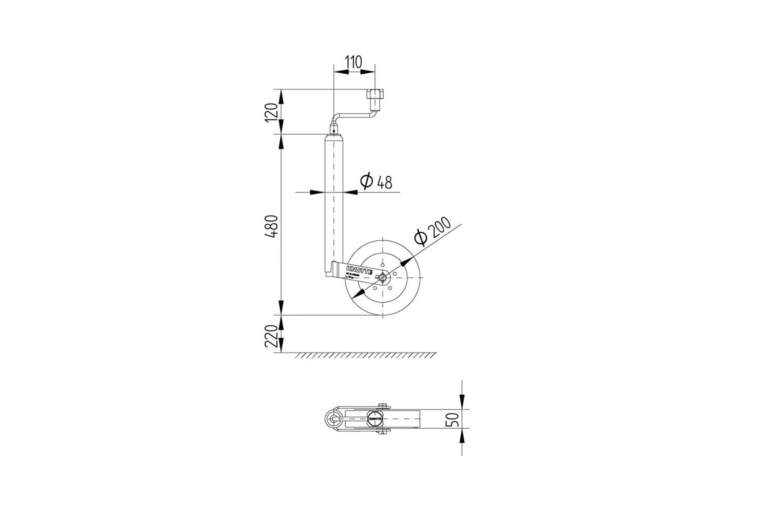 Knott Rueda Jockey 48 mm con Abrazadera y Rueda Maciza 200x50 mm