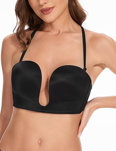 Image of Wingslove Women's Deep V Plunge Strapless Bra Multiway Push Up Low-Cut Bras Wireless Red Carpet Clear Back