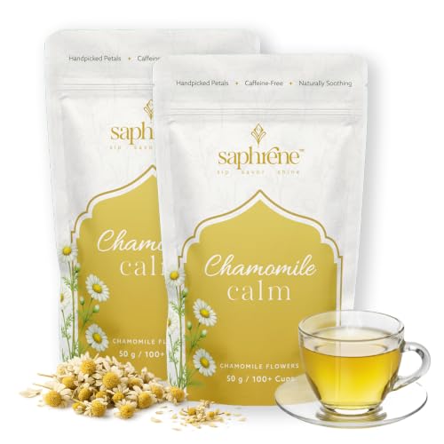 Image of Saphrene Chamomile Tea For Sleep & Relaxation - 100g(Pack of 2 X 50gms) | 200+ Cups Herbal Tea Naturally Rich in Antioxidants | Premium Whole Dried Chamomile Flowers | Calming Bedtime Tea