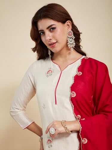 Image of MOKOSH Women's Silk Embroidery Kurta Pant with Dupatta | Kurta Set | Sweetheart Neck | 3 Piece Outfit | 3 /4 Sleeve Ethnic Suit