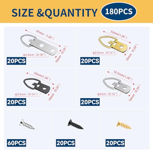 Image of 80 Pack D-Ring Picture Hangers, Heavy Duty Double Hole and Single Hole Hangers with Screws, for Hanging Clock Paintings Artwork Picture Frame Hook Photos Mirrors