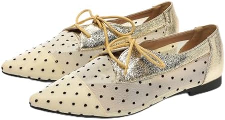 Hopomart Women's Mesh Polka Dots Breathable Pointed Toe Casual Shoes Fashion Lace Up Comfort Lightweight Slip On Flat Ballet Shoes