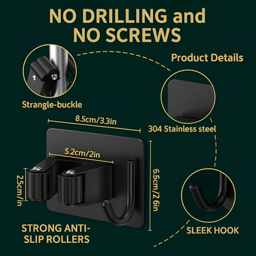 Image of DALUCI Adhesive Broom Holder Wall Mounted - Stainless Steel Mop Holder for Wall Without Drilling | Waterproof & Rustproof Broom Stick Holder Hook for Home, Bathroom & Kitchen (Black, 5 Pcs)