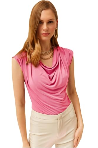 Image of SIGHTBOMB Ultra Soft Afford LUX Edition Draped Cowl Neck FRONTFLOW Gathered Ruched SOFTLINE Sleeveless TOP for Women