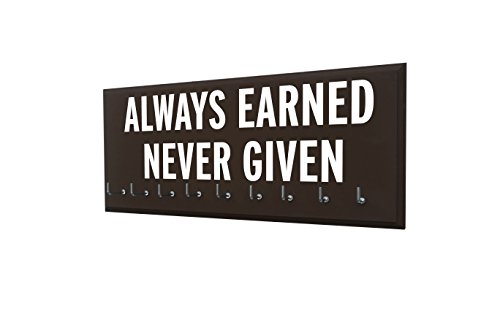 Race bib and Medal Display - Always Earned Never Given - Medal Holder - Medal Hanger - Medal Display Rack - Hooks for Sport Medal - Athletic Gift for Men - Running Accessories (Brown Single)