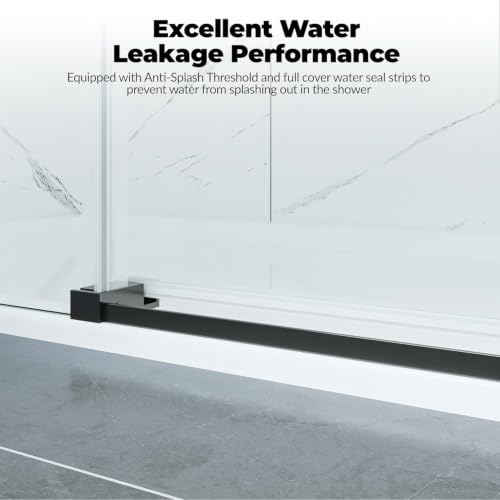 Image of 56-60 inch Frameless Sliding Shower Enclosure, 76 inch H, 8mm Glass, Matte Black | Adjustable width, clear tempered glass, for walk-in showers