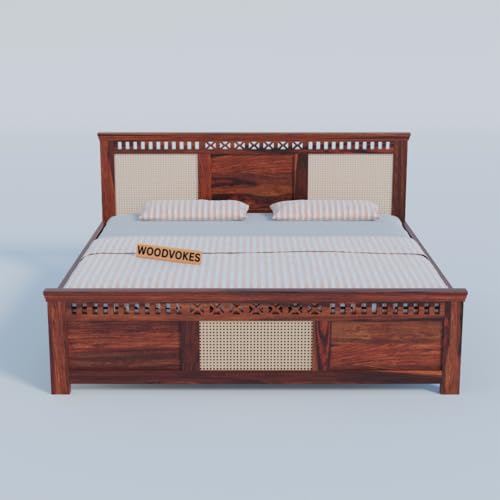 Image of Sheesham Wood 1 Bed Without Storage Solid Wooden Cot Bed Elegant and Functional Bedroom Living Room Home (Honey Finish 3 Can, Queen)