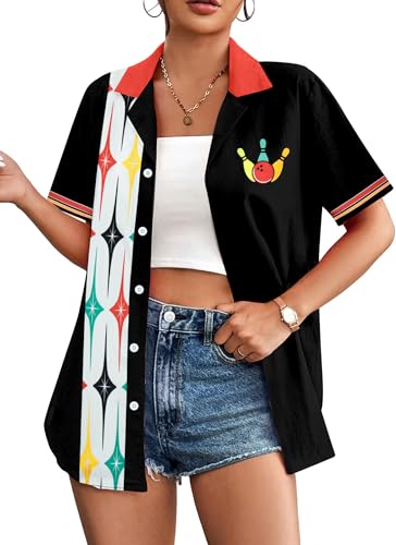 Bowling Shirts Women Hawaiian Bowling Shirt Bowling Lover Gift Tops Bowler Button Down Short Sleeve Tee