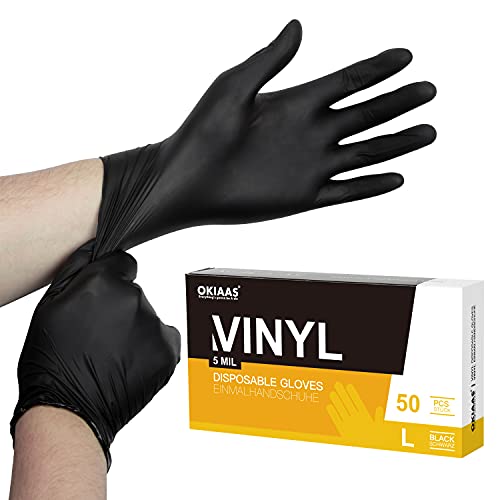 OKIAAS Einweghandschuhe Schwarz L, Vinyl Einmalhandschuhe Puderfrei, 5 mil, 50 Stück Tattohandschuhe Latexfrei Handschuhe Einweg für Kochen, Grill, Putzen