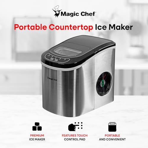 Magic Chef Portable Countertop Ice Maker, Small Ice Maker for Kitchen or Home Bar, Tabletop Ice Maker for Parties, 27-Pound Capacity, Stainless Steel