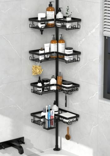 Image of KEGII Corner Shower Caddy Tension Pole with Toothbrush Holder | Adjustable Shower Organizer with Soap Holder and Hooks, No Drilling Rustproof Bathroom Shelf Storage Rack, Fits 25-114.2 Inch