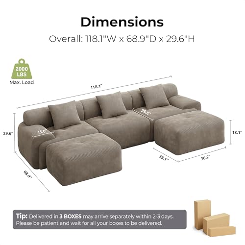 Image of LIKIMIO LumiCord Modular Sectional Sofa with 2 Ottomans, 118 inch U-Shaped Boneless Couch for Living Room, Oversized Deep Seat with Corduroy Upholstery, No Assembly Required, Light Brown