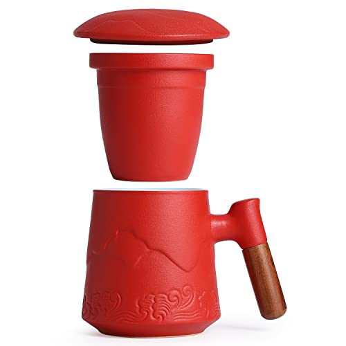 Maxjoy Tea Cup With Infuser And Lid,Rosewood Handle Ceramic Loose Leaf Tea Mugs,15.2 Ounce Classic Gradient Embossed Tea Steeping Mug For High-End Gifts,Red #TOP5