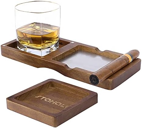Wooden Cigar Ashtrays Coaster,Ash Tray and Whiskey Glass Tray,Whiskey Glass Tray and Cigar Holder,2-Layer Coaster Cigar Whiskey Accessory Set,Great Gift for Men,Great Decor for Home,Office or Bar…