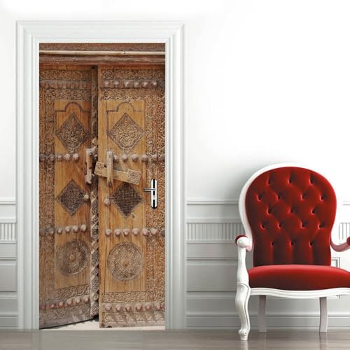 A.Monamour Sticker Porte Autocollant Poster De Porte 3D Vieille Porte En Bois Traditionnelle Au Musée National De Bahreïn Vinyle Affiche De Porte Sticker Mural Papier Peint Art Décor 95 x 215cm