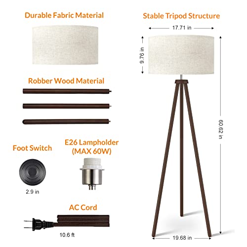 Lepower Wood Tripod Floor Lamp, Mid Century Standing Lamp For Living Room, Flaxen Lamp Shade, Modern Design Standing Lamp With E26 Lamp Base, Tall Floor Lamp For Bedroom, Study Room And Office #TOP5