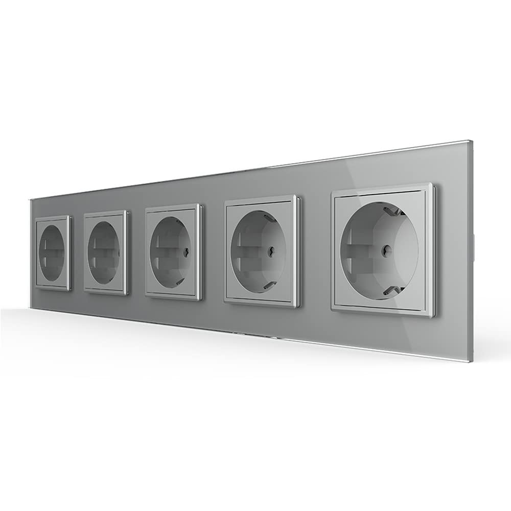 LIVOLO Glas Steckdose Wandsteckdose 5 Fach Unterputz UP Komplettset mit Glasrahmen in Grau