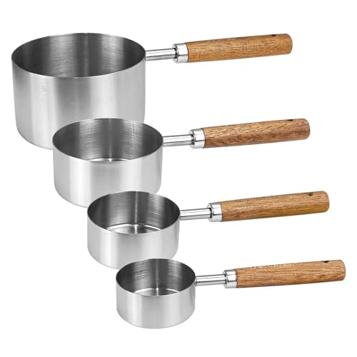 JOBVERT 4 Pcs Dog Food Scoop, Stainless Steel 1 Cup, 1/2 Cup, 1/3 Cup, 1/4 Cup Measuring Cup, Cat Food Scoop with Wood Handle, Pet Food Scoop