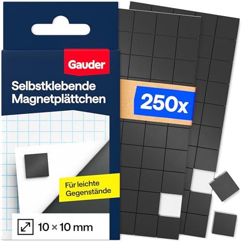 GAUDER Magnetplättchen selbstklebend stark - Magnet Klebepads zum Basteln - Magnete zum Kleben für leichte Gegenstände - Klebemagnete selbstklebend (10 x 10 x 2 mm - 250 Stück)