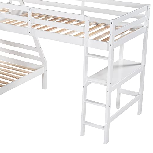 L Shaped Triple Bunk Bed For 3, Twin Over Full Bunk Bed And Twin Size Loft Bed With Built-In Desk, Wooden Bunk Bed Frame For Kids Teens Adults, White #TOP7