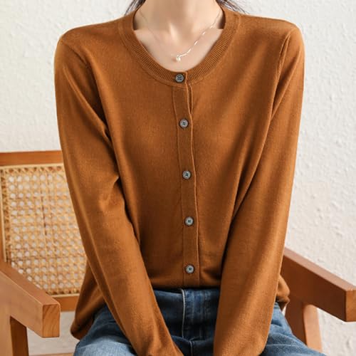 Image of Women's 100% Merino Wool Crew Neck Cardigan Sweater Top Long Sleeve Button Down 2025