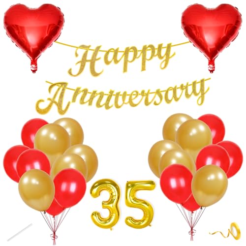 Image of Flyloons 35th Happy Anniversary Decoration Items Red Gold for Men Women Husband Wife Mom Dad Parent Couple Home Bedroom Car With 20 Pcs Metallic Balloons Anniversary Banner 2 Pcs Heart Set Kit