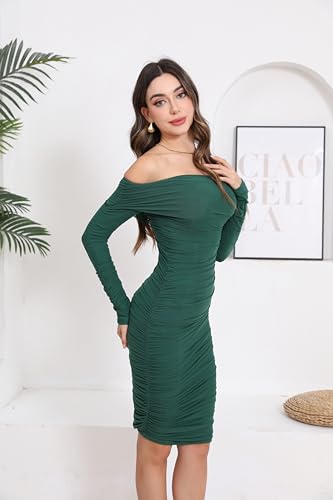 Image of Fooullaide Women's Sexy Off Shoulder Sleeveless Bodycon Ruched Midi Dress