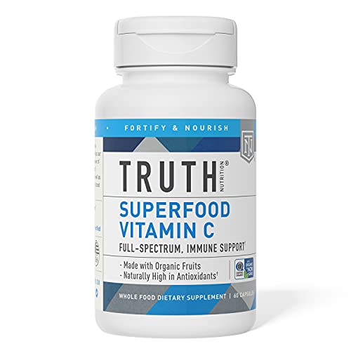 Truth Nutrition Organic Vitamin C Superfood Blend - 60 Natural Vitamin C Capsules Vegan Supplement - 150mg Vegan Vitamin C with Organic Acerola Cherry Powder, Amla Powder, Rosehip Powder and Camu Camu