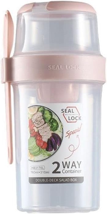 TAPITTAPIT Double-layer Salad Cup, Plastic Sealed Crisper Cup, Transparent Snack Cup Container with Fork, 560/760ml Fresh-keeping Separated Lunch Box for Fruit Salad Oatmeal (Pink, 26oz)