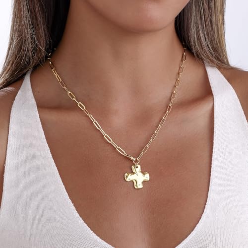 Chunky Gold Necklace, 14K Gold Plated Chunky Cross Necklace for Women Statement Pearl Heart Necklace Charm Gold Necklaces for Women Trenndy Fashion non Tarnish Gold Jewelry for Womens2