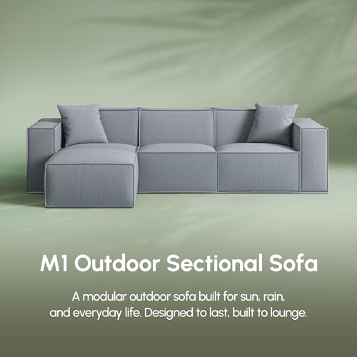 Image of M1 Outdoor Sectional Sofa, Patio Furniture, Celestial Stone | Modular outdoor sectional with SolarWeave fabric, EcoDry fast-dry cushions, and tool-free assembly for outdoor living.