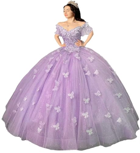 3D Butterfly Quinceanera Dresses for Teens Off Shoulder Ball Gowns Puffy Tulle Prom Princess Dresses