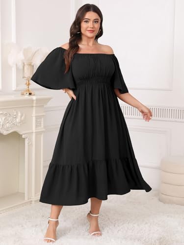 Image of CICIDUDU Plus Size Smocked Maxi Dresses for Curvy Women Square Neck Flowy Casual Summer Wedding Guest Dress