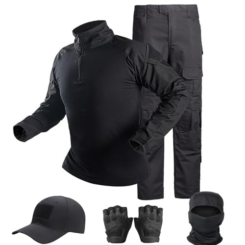 SANYETS Taktischer Anzug, Kampfhose und Hemd, Mütze, Handschuhe, Sturmhaube, Set, schwarze Camouflage-Uniform, Militär-Airsoftausrüstung