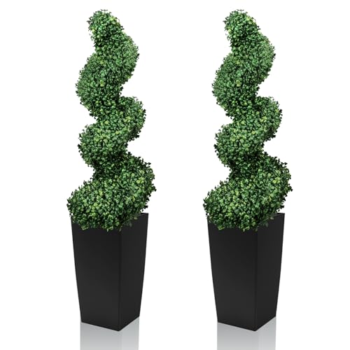 Maviss Diary 4FT Artificial Spiral Topiary Trees Set of 2 UV Resistant Faux Boxwood Plants in Square Planter Indoor Outdoor Fake Shrubs for Front Porch Entryway Patio Home Decor